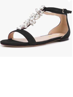 XYD Black Open Toe Rhinestone T-Strap Flat Sandals Ankle Strap Low Heel Shoes